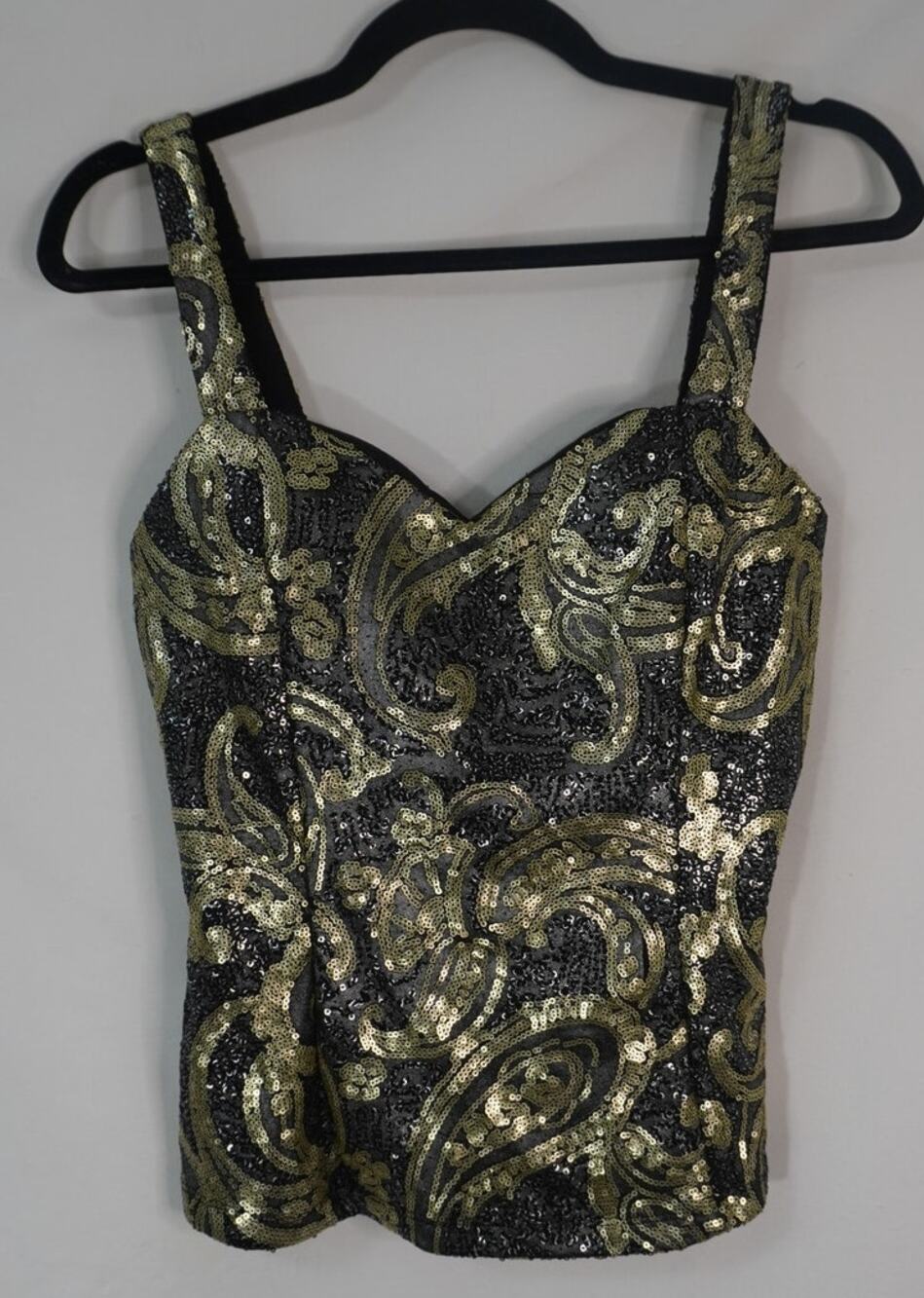 Vintage DEB Y2K Charcoal Gold Sequin Paisley Bustier Cami Top L